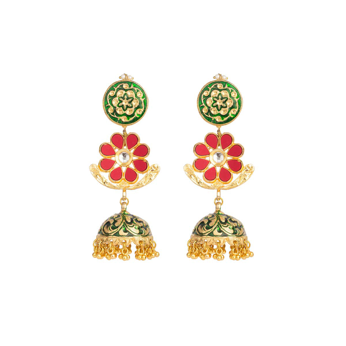 Ride into utmost royalty with a classic crafted piece in green and red. These earrings have rich enamel work and kundan pieces set like the traditional jhumkas with gold danglers.