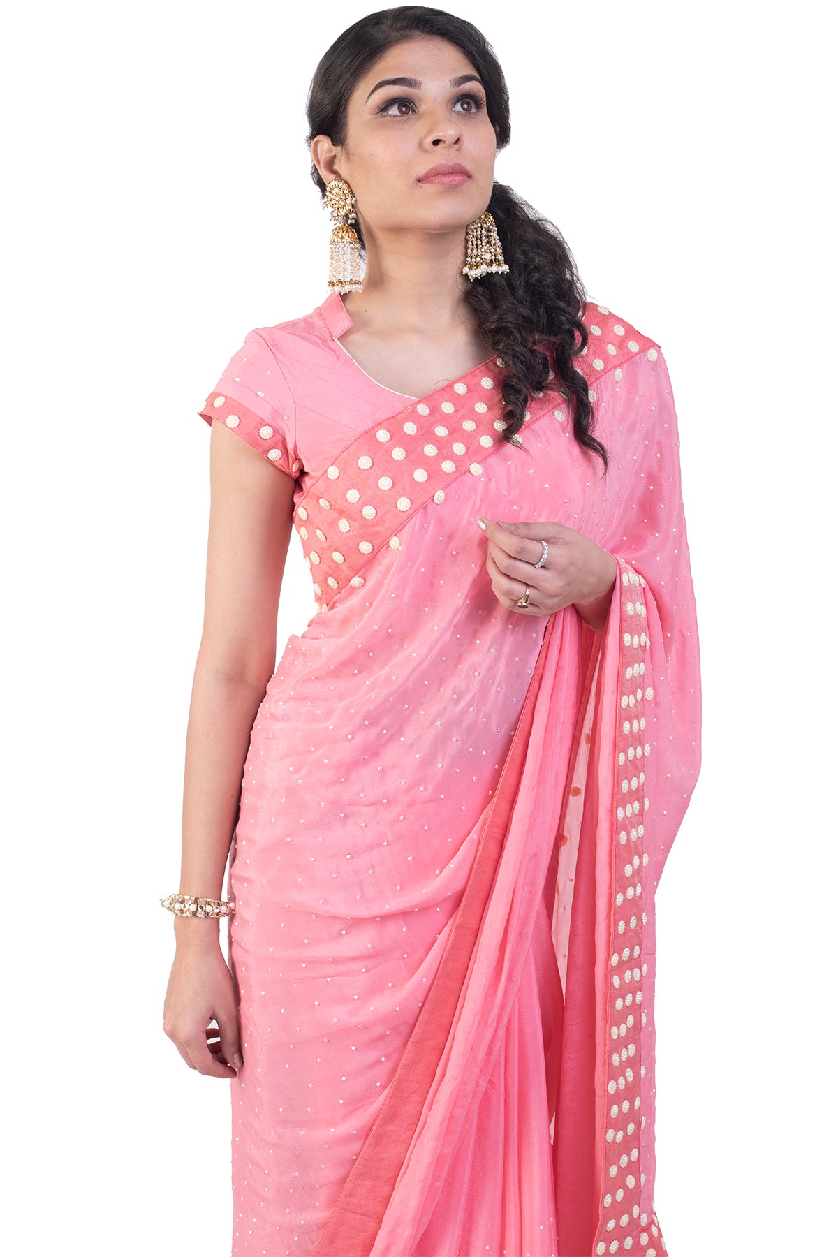 Pink Saree With Pearl Embroidered border