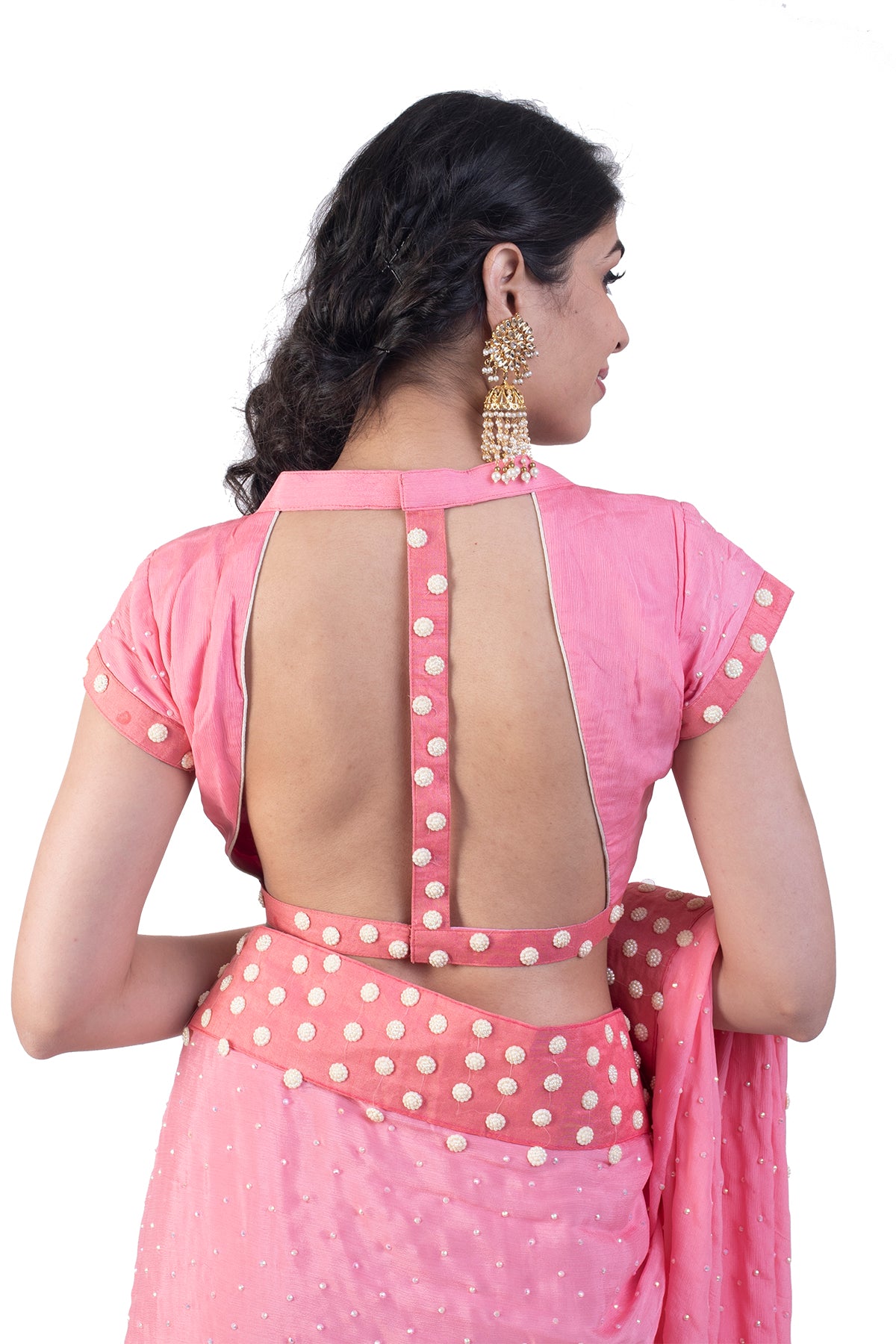 Pink Saree With Pearl Embroidered border